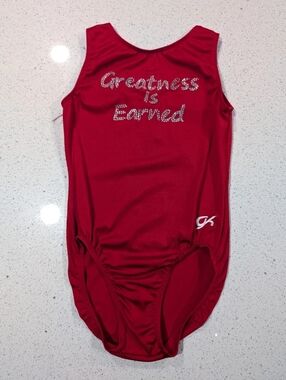 GREATNESS IS EARNED GK Elite Gymnastics Dance Leotard Adult Large Red RHINESTONE